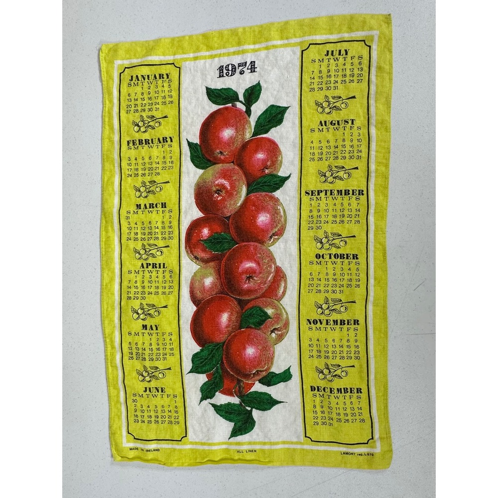 Vintage 1974 Apple Calendar Tea Towel‎ Made in Ireland Lamont
